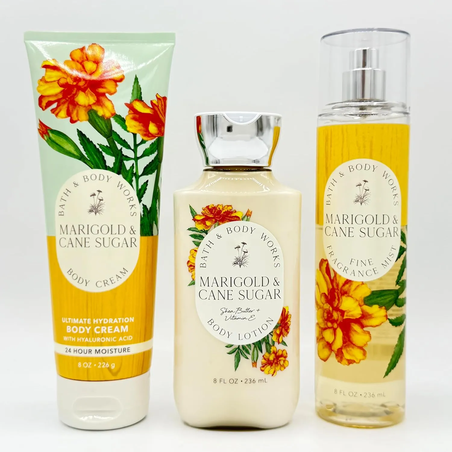 Marigold & Cane Sugar 3-Piece Bath Bundle, Body Moisturizing Works | Ultimate Hydration Body Cream, Body Lotion and Fine Fragrance Mist