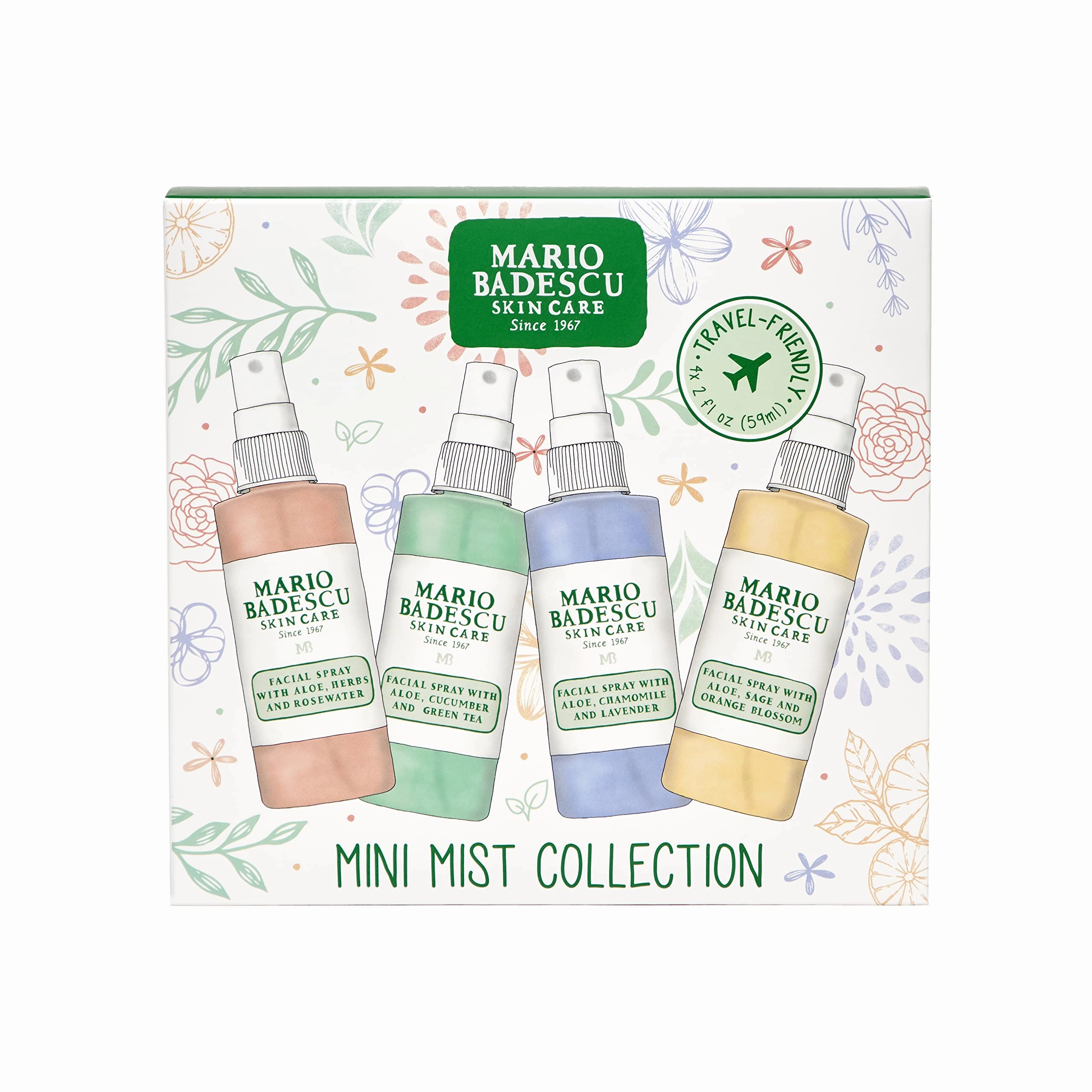 Mario Badescu Mini Mist Facial Spray Collection with Rose Water, Cucumber, Lavender and Orange Blossom, Multi-Purpose Cooling and Hydrating Face Mist for All Skin Types, 2 Fl Oz (Pack of 4)