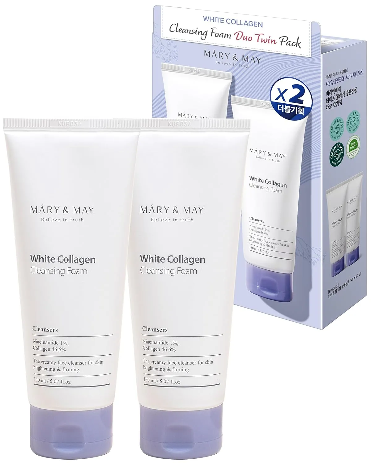 Mary&May White Collagen Cleansing Foam Duo Twin Pack - Deep Cleansing, Hydrating Formula for Firm and Radiant Skin with Niacinamide - Korean Skincare, EWG Green Grade, Hypoallergenic
