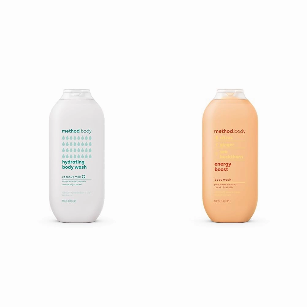 Method Body Wash, Hydrating Coconut Milk and Energy Boost Scents, Paraben and Phthalate Free, 18 oz Bottles (Pack of 1 Each)