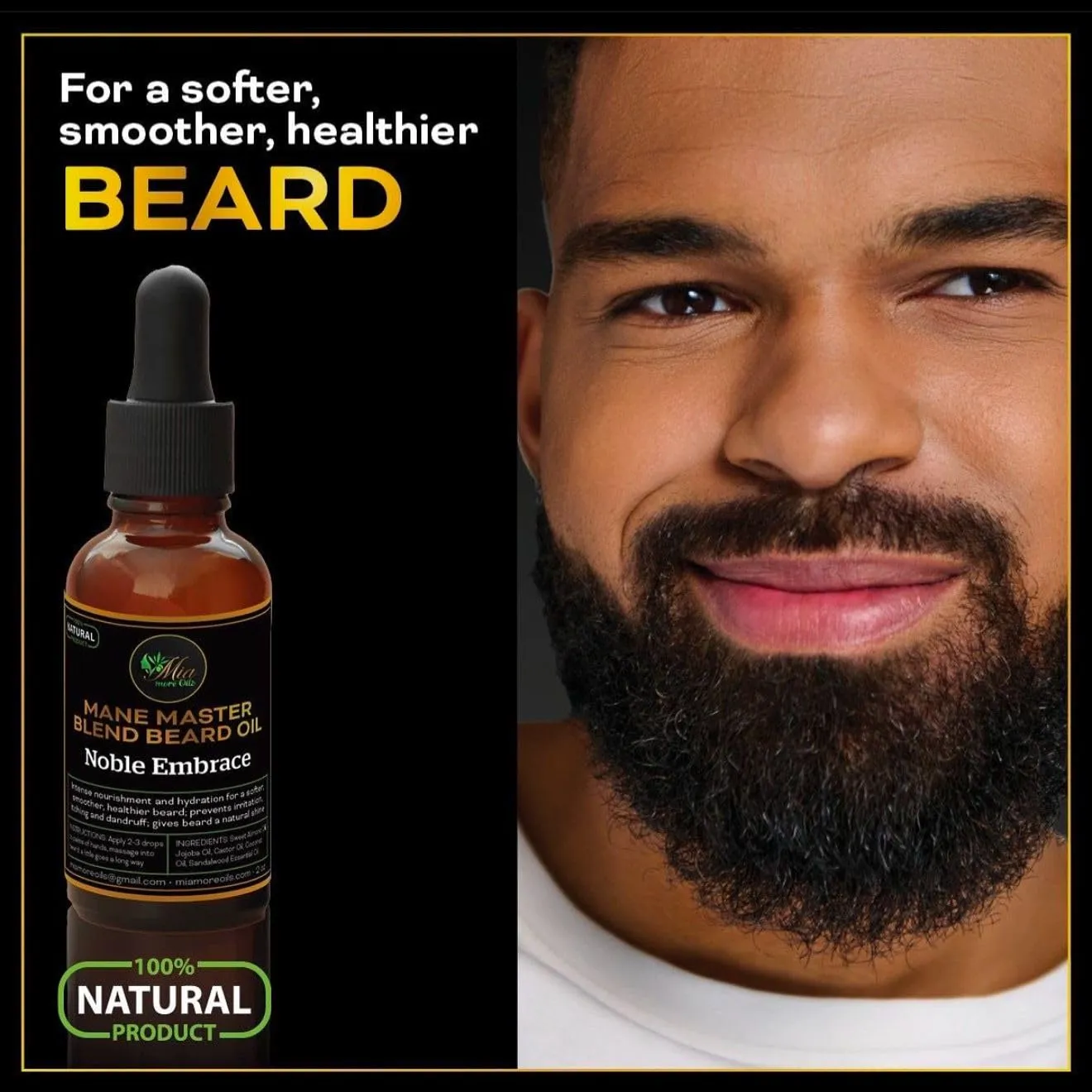 Mia More Oils Mane Master Beard Oil 2 oz - Natural Beard Growth Oil | Organic Vanilla Scented Beard Oil | Hydrating, Soothing, & Travel Essential - Vanilla/Noble Embrace