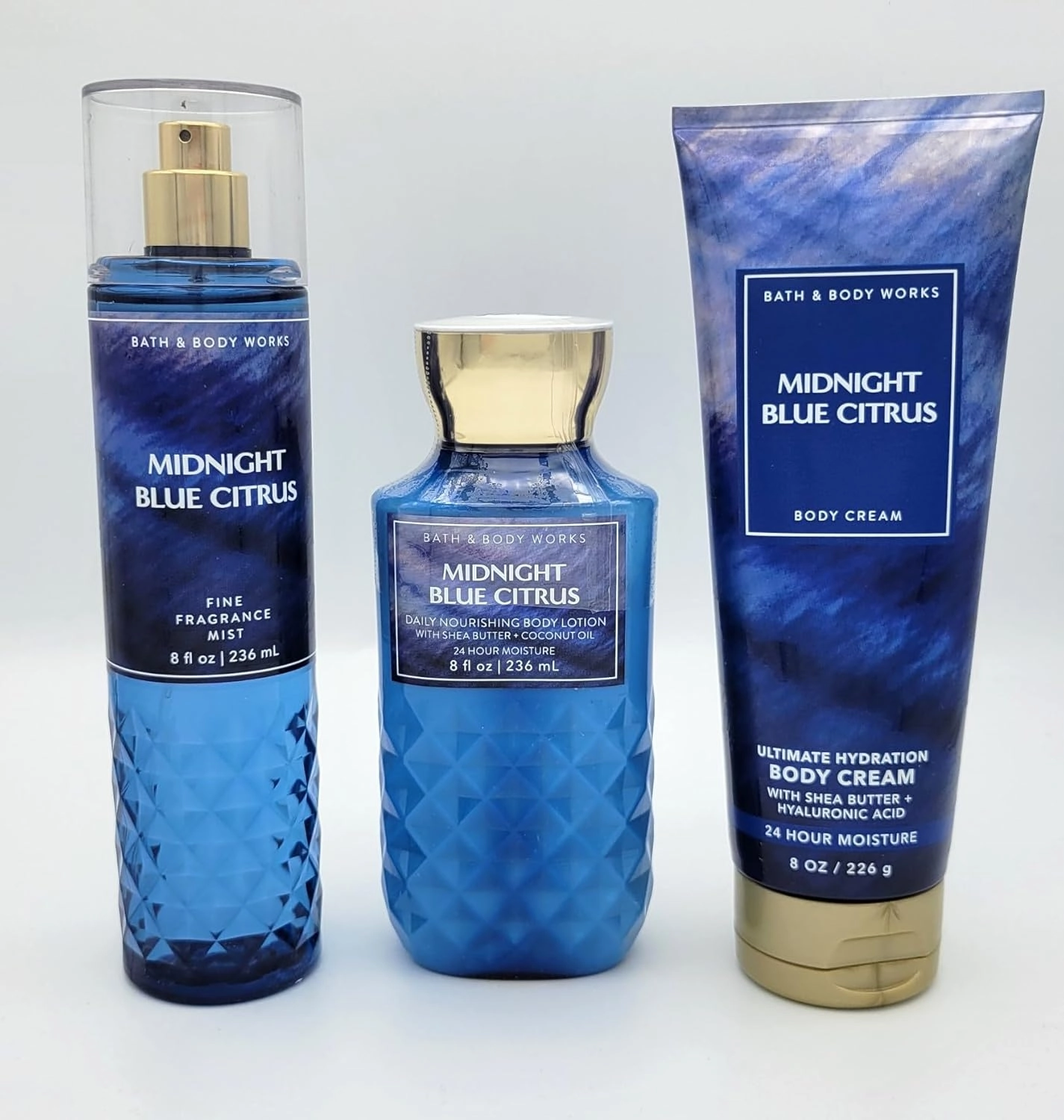 Midnight Blue Citrus 3 pc- Bundle Care Set, Fine Fragrance Mist 8 fl oz, Daily Nourishing Body Lotion 8 fl oz, Ultimate Hydration Body Cream 8 oz