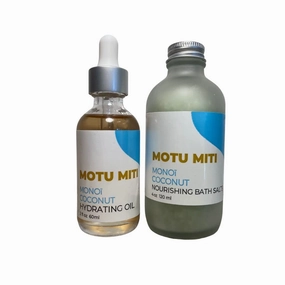 MOTU MITI MONOI OIL AND BATH SALT SET French Polynesian Monoi Oil. Body Oil, Bath Salt, Moisturizing Oil, Hydrating Oil, Bath Body and Shower, Skin Care. (COCONUT)