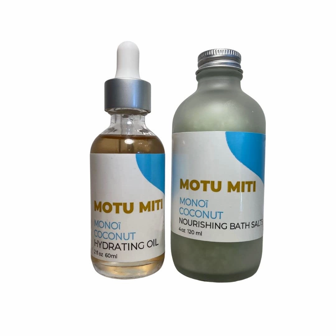 MOTU MITI MONOI OIL AND BATH SALT SET French Polynesian Monoi Oil. Body Oil, Bath Salt, Moisturizing Oil, Hydrating Oil, Bath Body and Shower, Skin Care. (COCONUT)