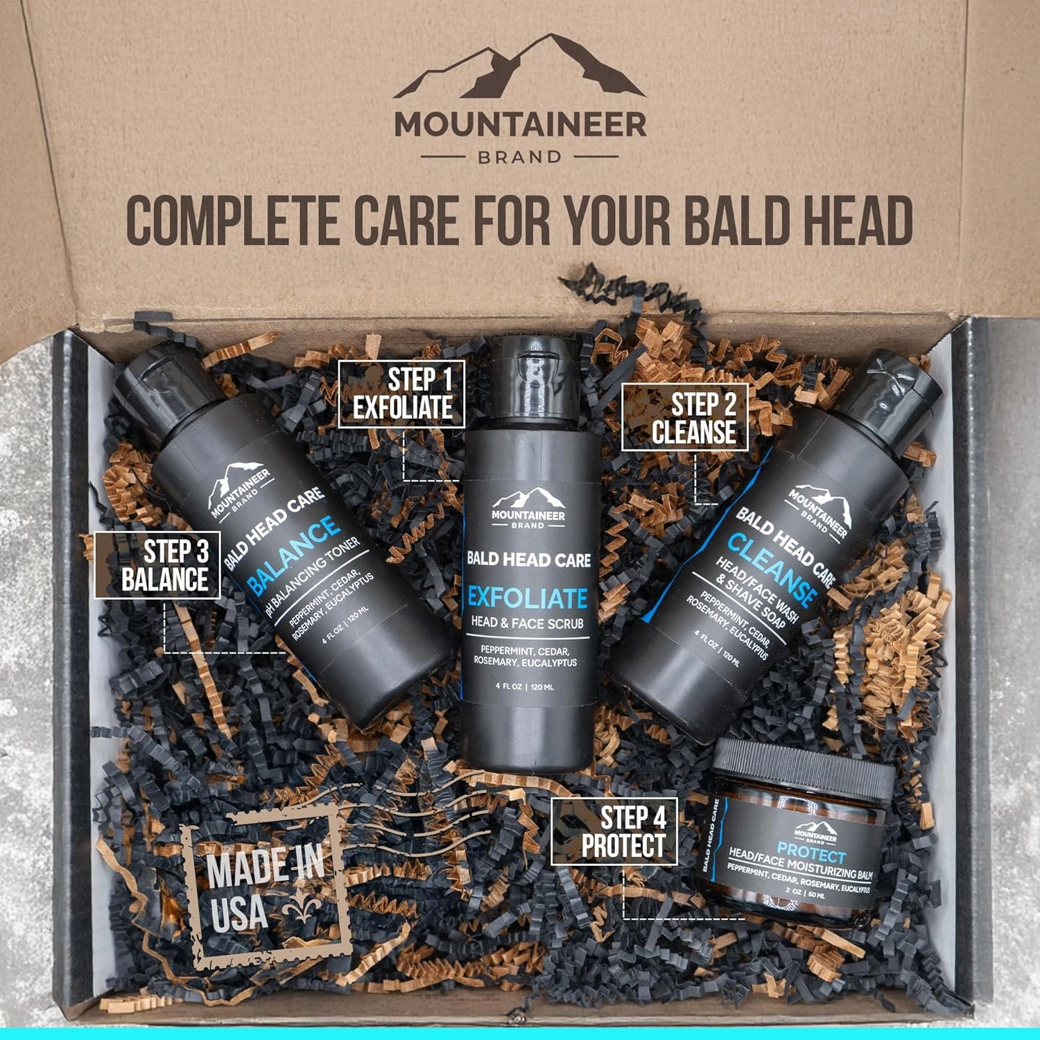 Mountaineer Brand Bald Head Care For Men | All Natural 4 Step Daily Skin Care for Healthy Scalp & Face | Exfoliate and Scrub | Cleanse Wash | Shine Away PH Balance | Protect Moisturizing Balm | 4oz