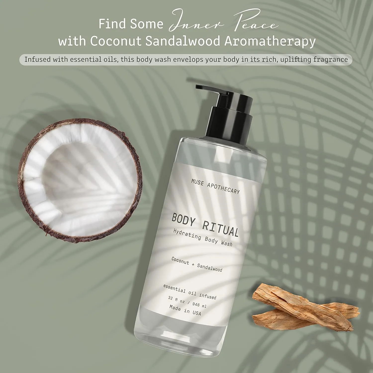 Muse Apothecary Body Ritual Hydrating - Coconut Sandalwood Body Wash for Women & Men - Essential Oil Infused Aromatherapy Body Wash - 32 Ounce