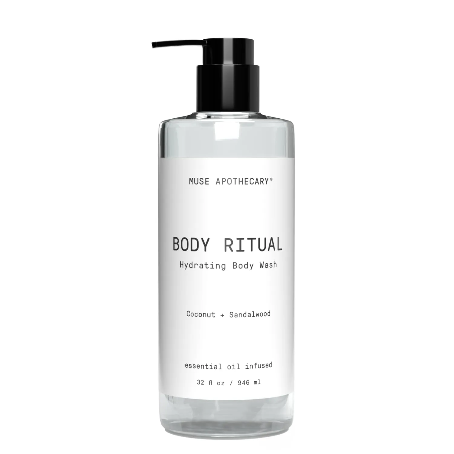 Muse Apothecary Body Ritual Hydrating - Coconut Sandalwood Body Wash for Women & Men - Essential Oil Infused Aromatherapy Body Wash - 32 Ounce