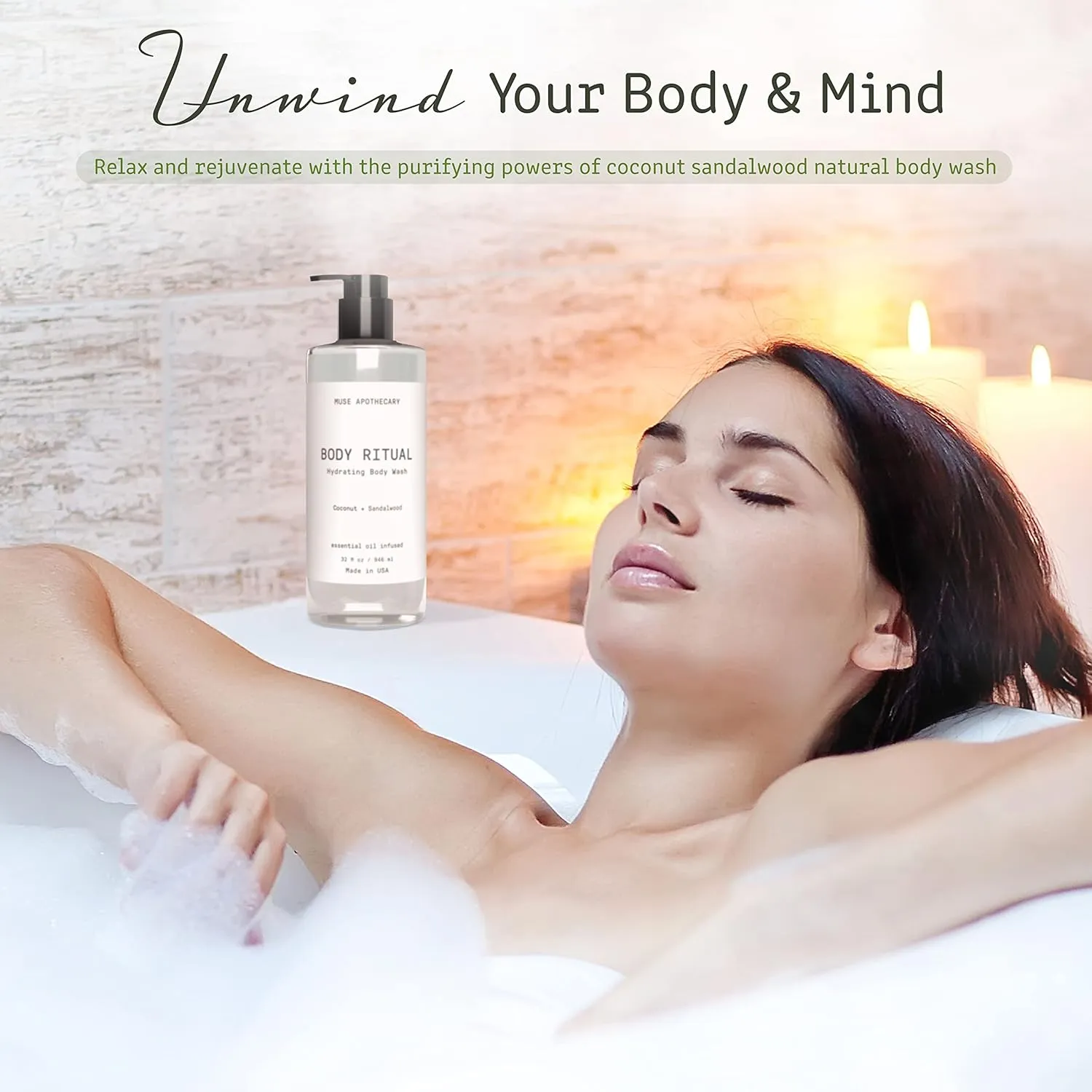 Muse Apothecary Body Ritual Hydrating - Coconut Sandalwood Body Wash for Women & Men - Essential Oil Infused Aromatherapy Body Wash - 32 Ounce
