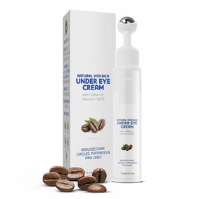 N.atural Vita Rich Under Eye Cream for Dark Circles and Puffiness for Women, Suitable for Delicate Skin Under Eye Area, Soothing Massage Roller with Coffee Oil, Vitamins E & B3, 15 gm