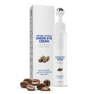 N.atural Vita Rich Under Eye Cream for Dark Circles and Puffiness for Women, Suitable for Delicate Skin Under Eye Area, Soothing Massage Roller with Coffee Oil, Vitamins E & B3, 15 gm