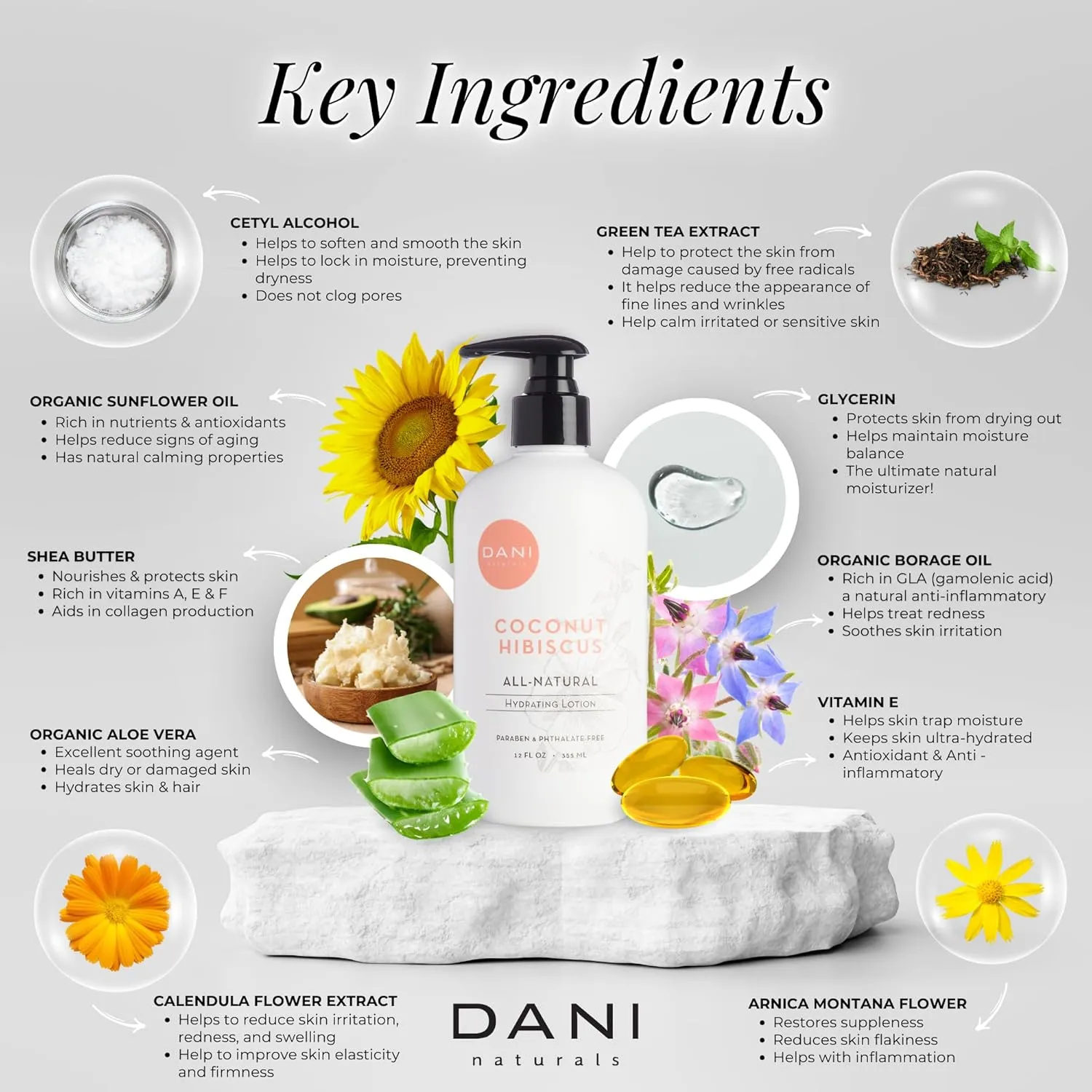 Naturals Hand & Body Lotion - Coconut Hibiscus Scented, Moisturizing & Nourishing Lotion for Dry Skin, Deep Hydration with Natural & Organic Ingredients, Paraben-Free, Vegan & Cruelty-Free, 12 Oz