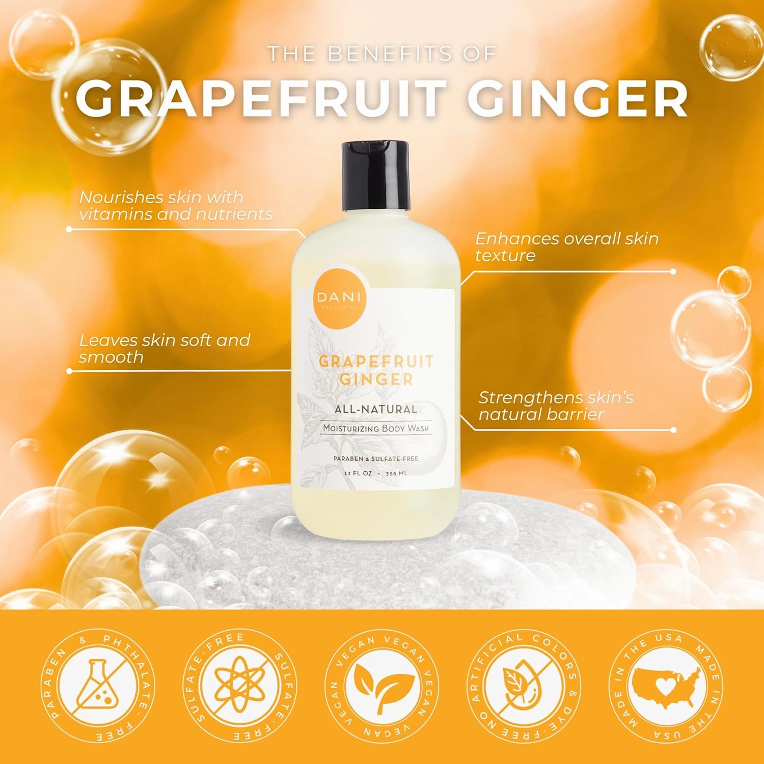 Naturals Moisturizing Body Wash - Grapefruit Ginger Scent, Organic Aloe Vera & Glycerin, Sulfate-Free, Vegan, pH-Balanced, 12 oz - Refreshing, Moisturizing Shower Gel for Soft Skin