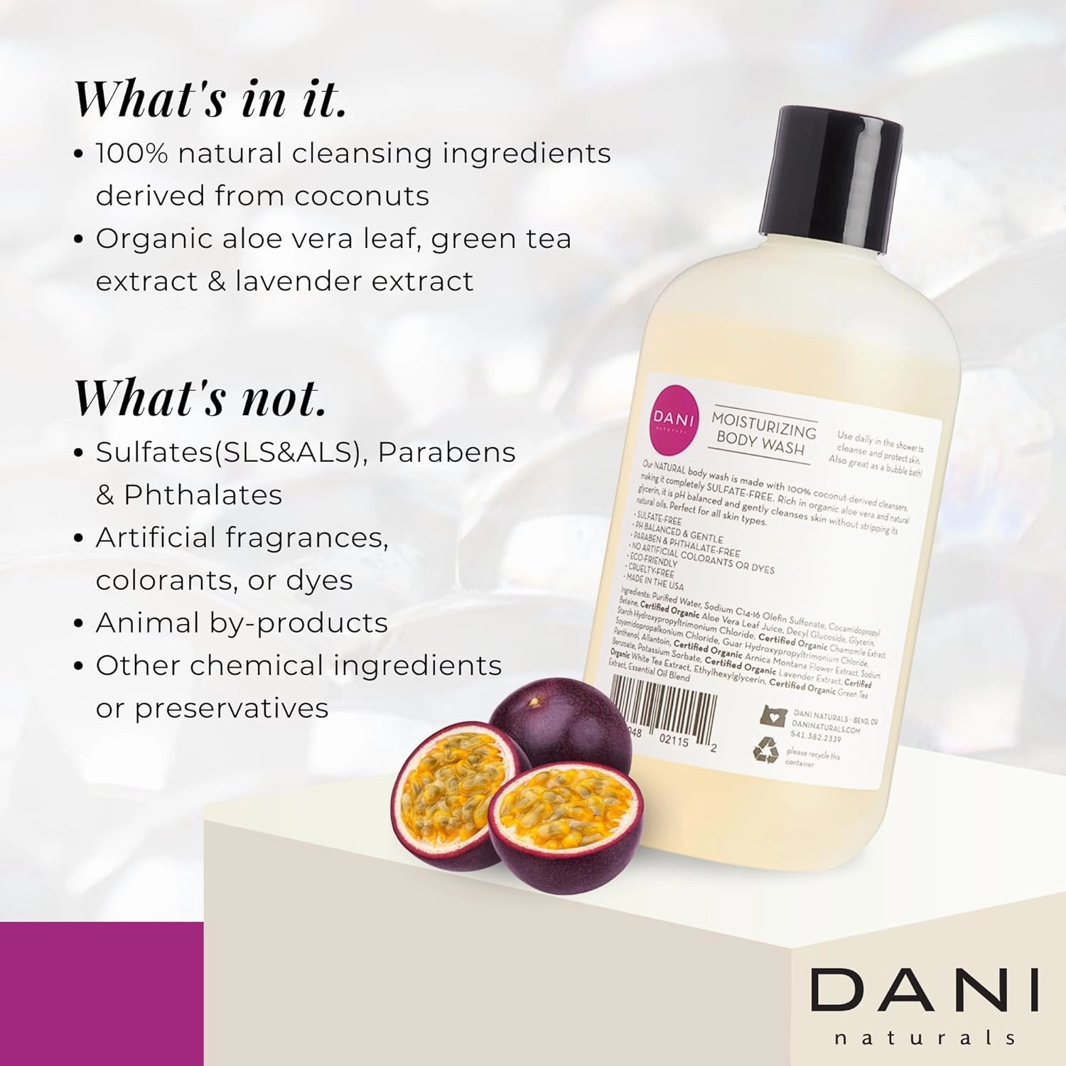 Naturals Moisturizing Body Wash - Sweet Passion Fruit Scent with Organic Aloe Vera & Natural Glycerin - Sulfate & Paraben-Free Shower Gel - 12 oz - Vegan & Cruelty-Free