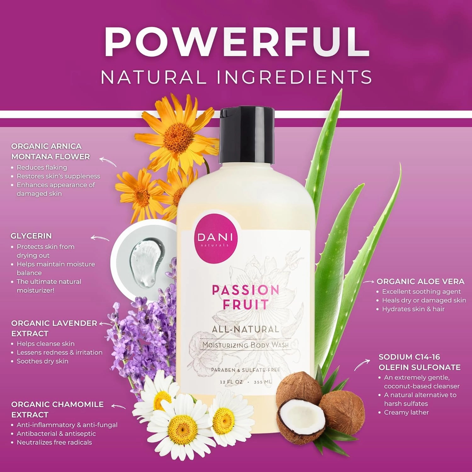 Naturals Moisturizing Body Wash - Sweet Passion Fruit Scent with Organic Aloe Vera & Natural Glycerin - Sulfate & Paraben-Free Shower Gel - 12 oz - Vegan & Cruelty-Free
