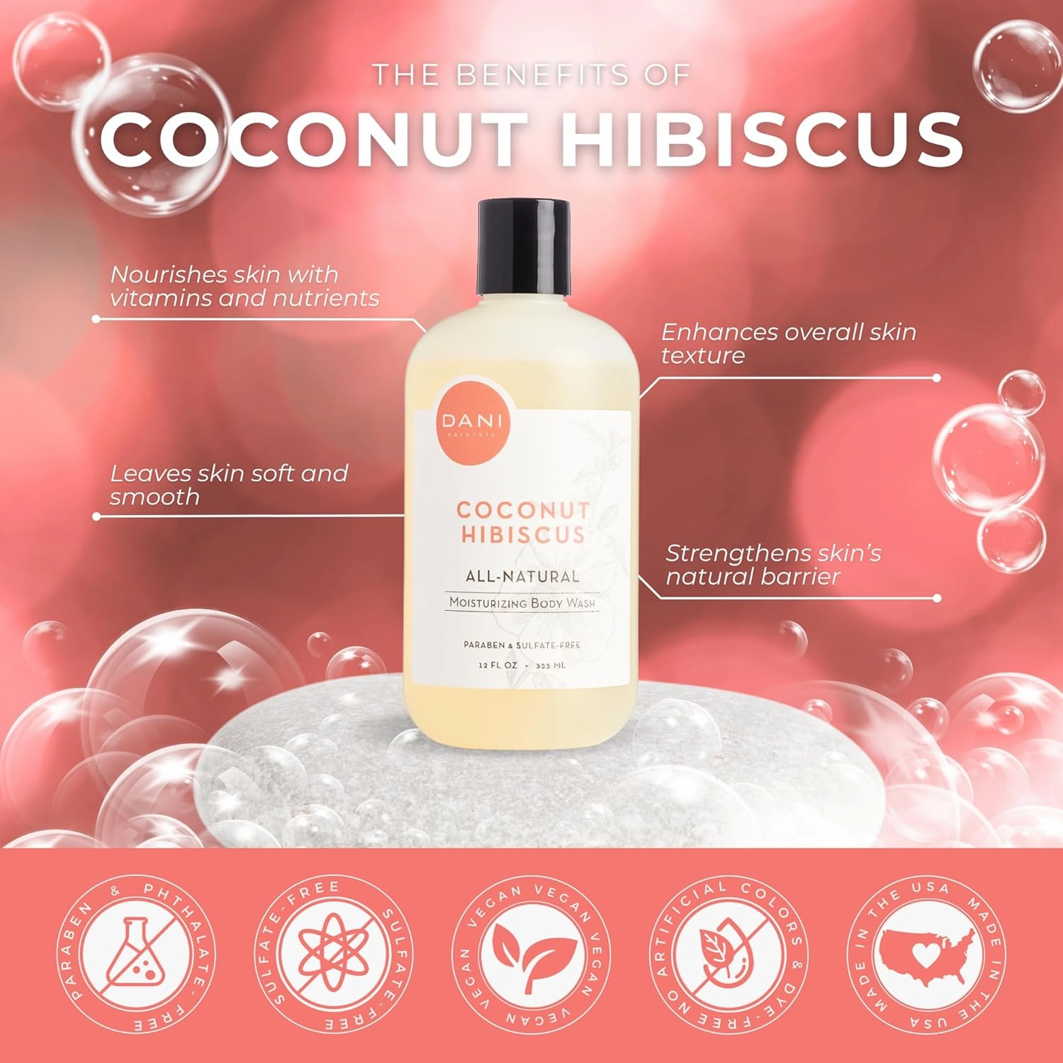 Naturals Moisturizing Body Wash - Tropical Coconut Hibiscus Scent with Organic Aloe Vera & Natural Glycerin - Paraben & Sulfate-Free Shower Gel - 12 oz - Vegan & Cruelty-Free