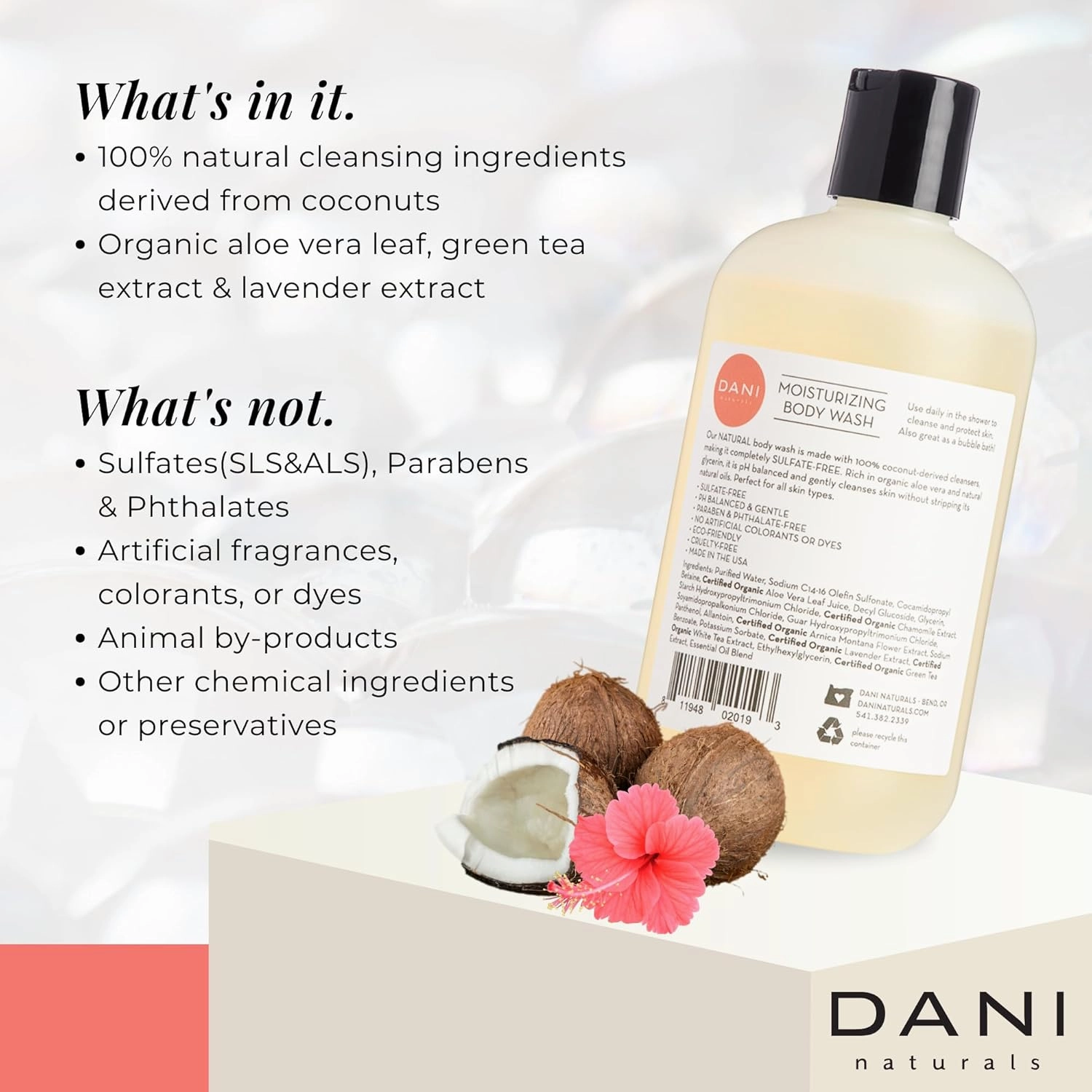 Naturals Moisturizing Body Wash - Tropical Coconut Hibiscus Scent with Organic Aloe Vera & Natural Glycerin - Paraben & Sulfate-Free Shower Gel - 12 oz - Vegan & Cruelty-Free