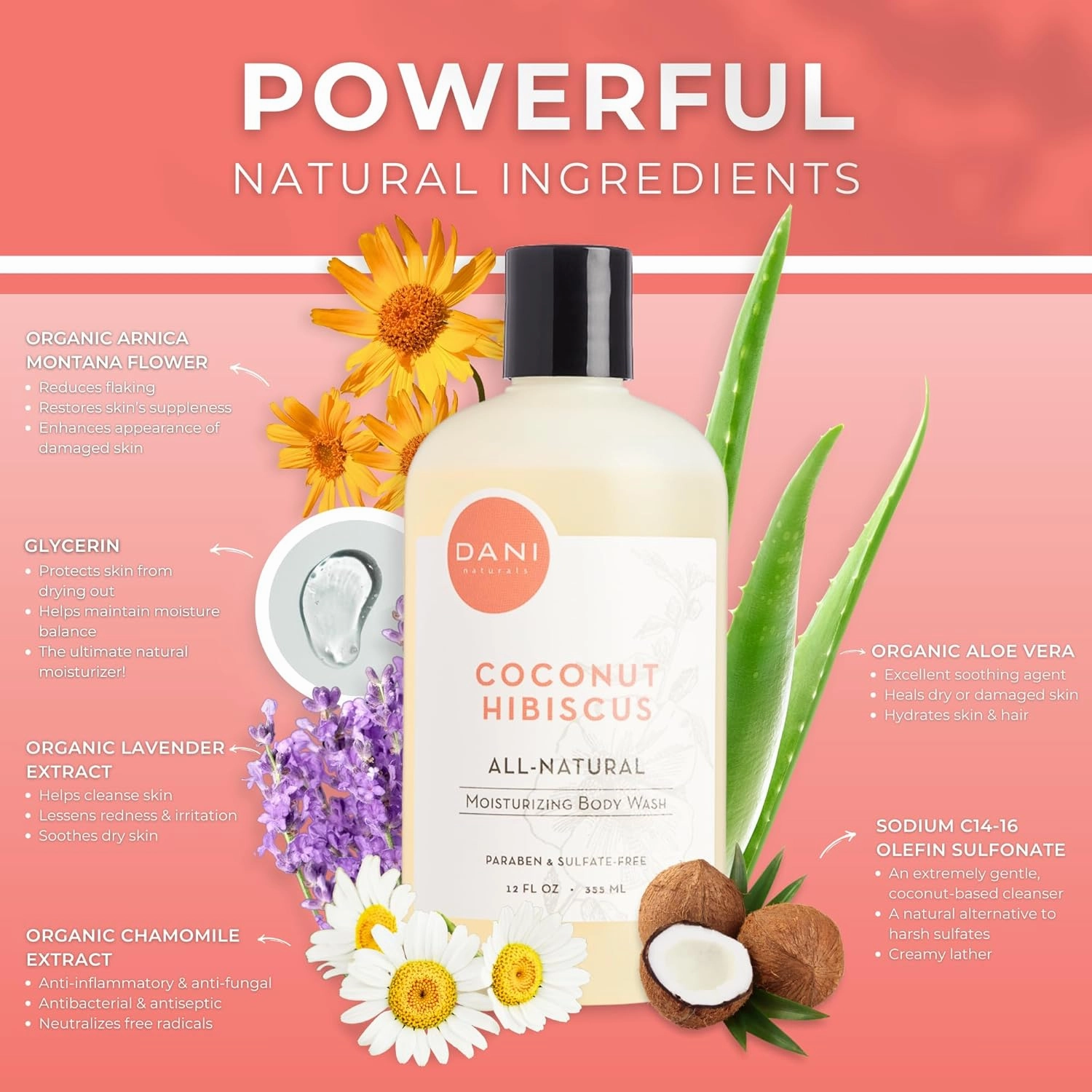 Naturals Moisturizing Body Wash - Tropical Coconut Hibiscus Scent with Organic Aloe Vera & Natural Glycerin - Paraben & Sulfate-Free Shower Gel - 12 oz - Vegan & Cruelty-Free