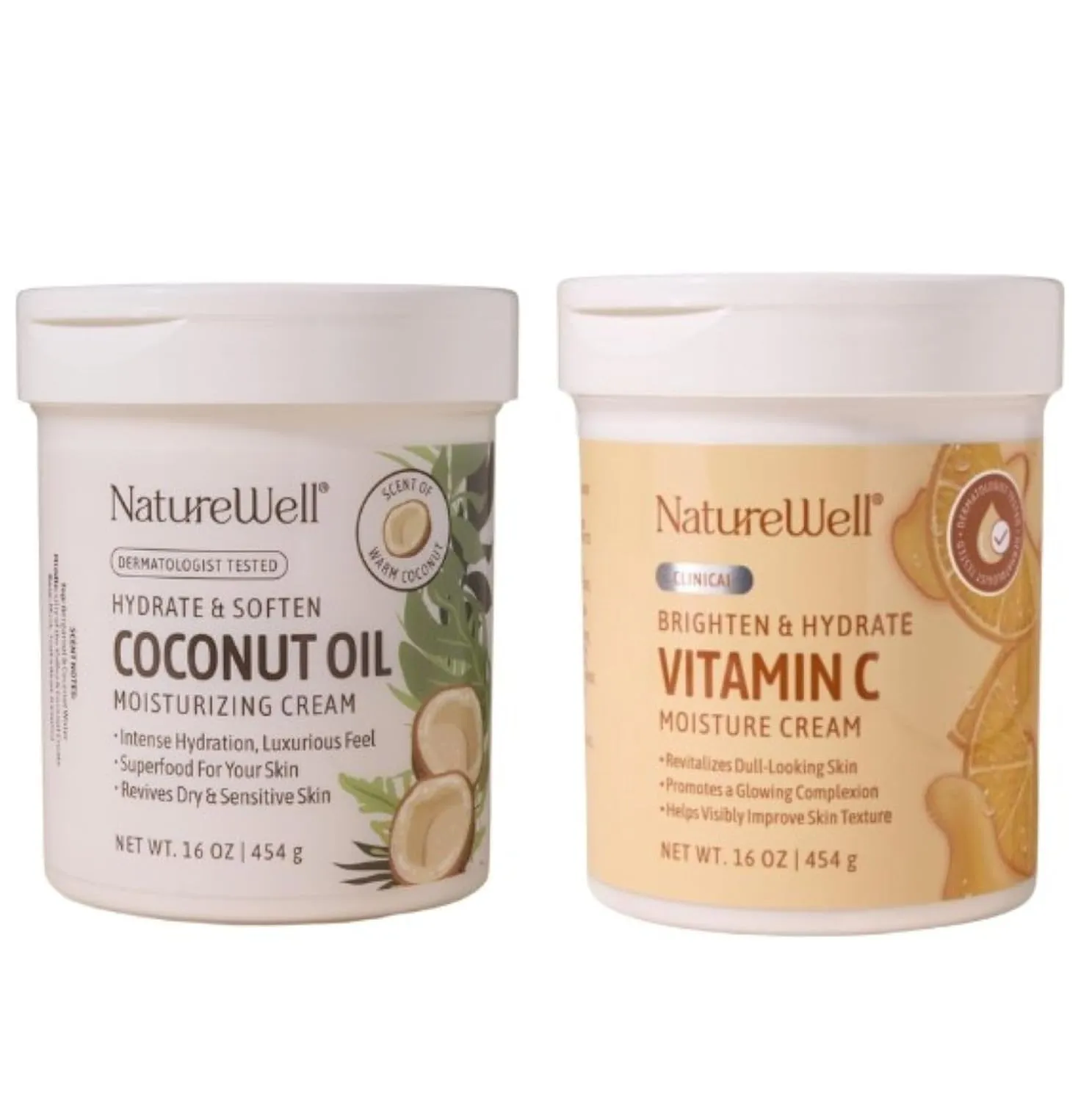 NATURE WELL Extra Virgin Coconut Oil & Vitamin C Moisturizing Cream Bundle for Face, Body, & Hands, Brighten & Nourish, Smooth & Soften, Provides Intense Hydration For Dry & Dull Skin, 16 Oz Each