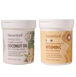 NATURE WELL Extra Virgin Coconut Oil & Vitamin C Moisturizing Cream Bundle for Face, Body, & Hands, Brighten & Nourish, Smooth & Soften, Provides Intense Hydration For Dry & Dull Skin, 16 Oz Each