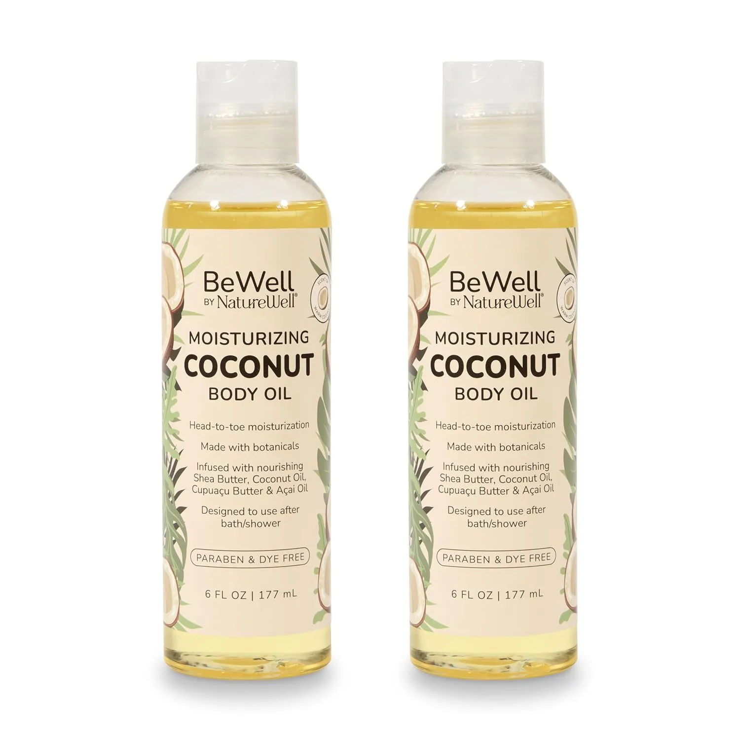 NATURE WELL Moisturizing Lightweight Coconut Scented Multi-Purpose Body Oil For Nourished & Glowing Skin, Infused With Botanicals, Shea Butter, Coconut Oil, Cupuaçu Butter, Pack of 2 (6 Fl Oz Each)