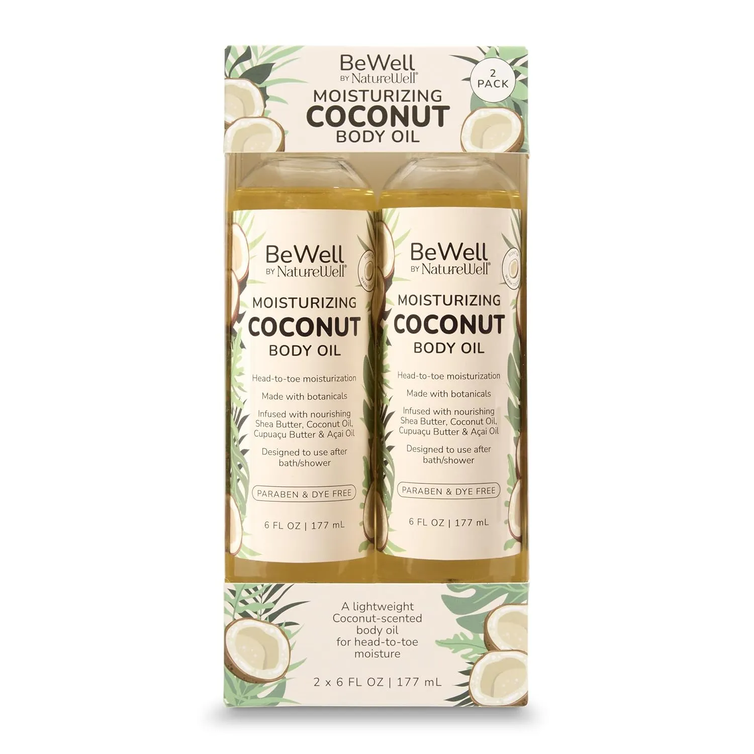 NATURE WELL Moisturizing Lightweight Coconut Scented Multi-Purpose Body Oil For Nourished & Glowing Skin, Infused With Botanicals, Shea Butter, Coconut Oil, Cupuaçu Butter, Pack of 2 (6 Fl Oz Each)