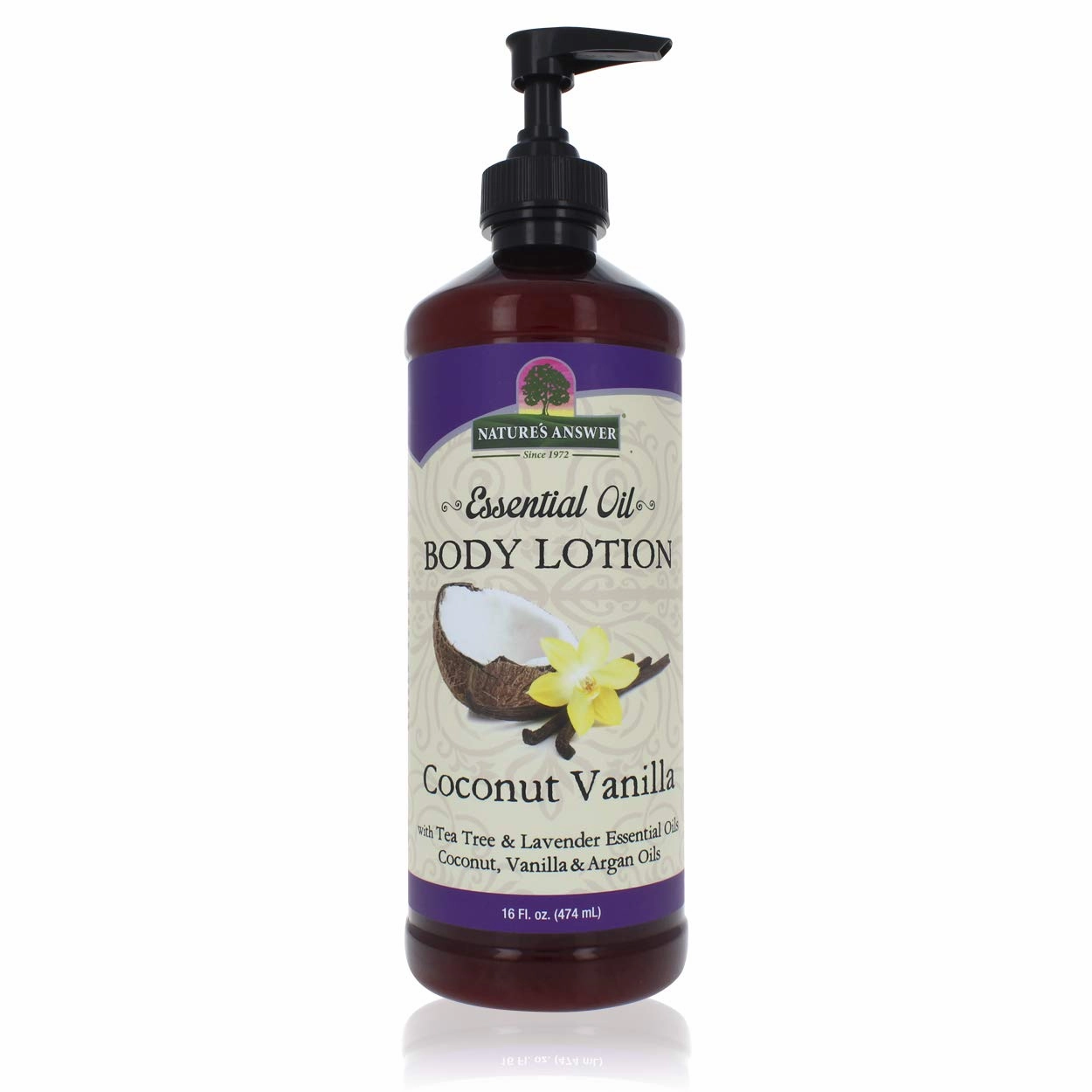 Nature's Answer Coconut Vanilla Body Lotion With Pump, Pure Essential Oil, All Natural, Vegan, Gluten Free, Non GMO 16 FL Oz | For Sensitive Skin | Natural Exfoliation