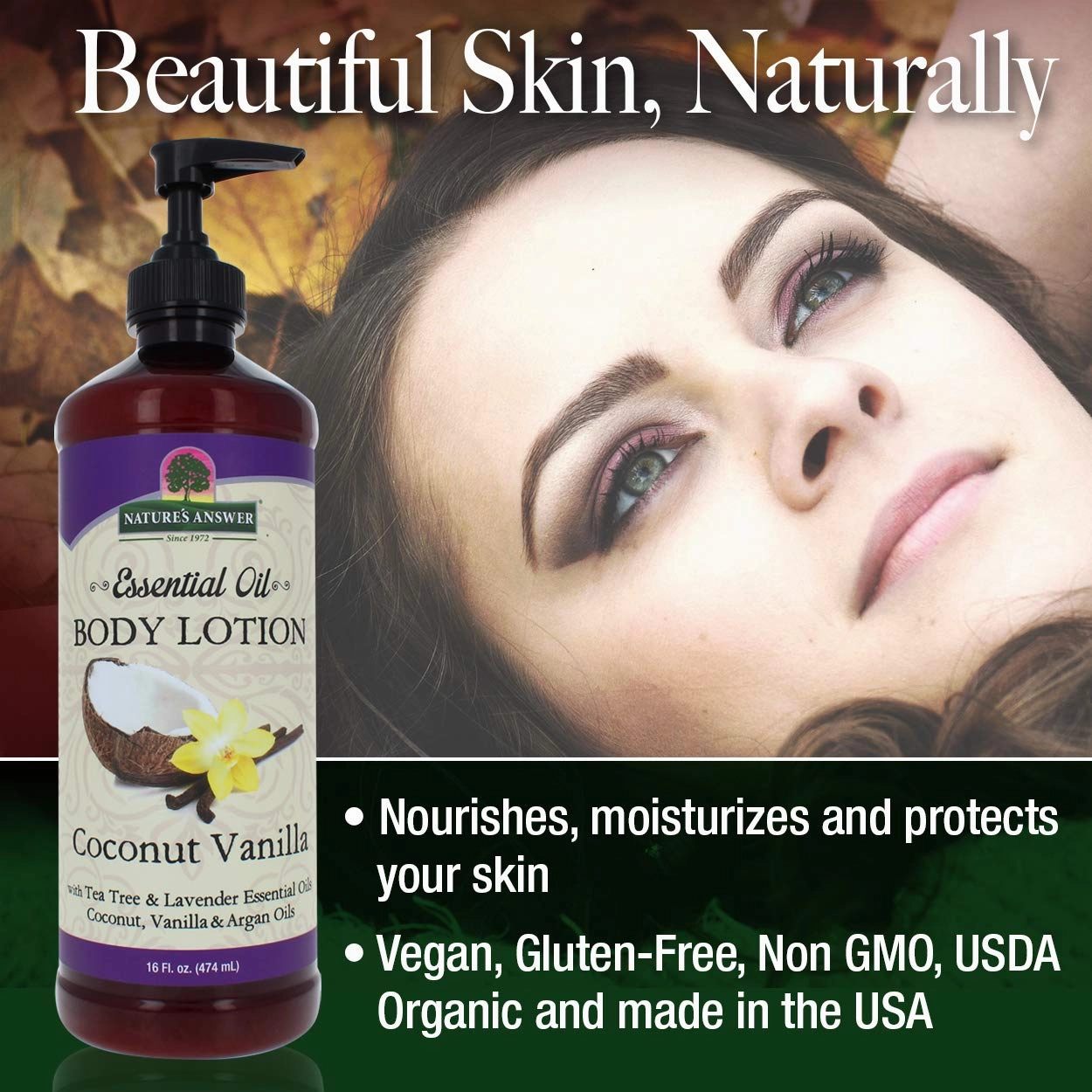 Nature's Answer Coconut Vanilla Body Lotion With Pump, Pure Essential Oil, All Natural, Vegan, Gluten Free, Non GMO 16 FL Oz | For Sensitive Skin | Natural Exfoliation