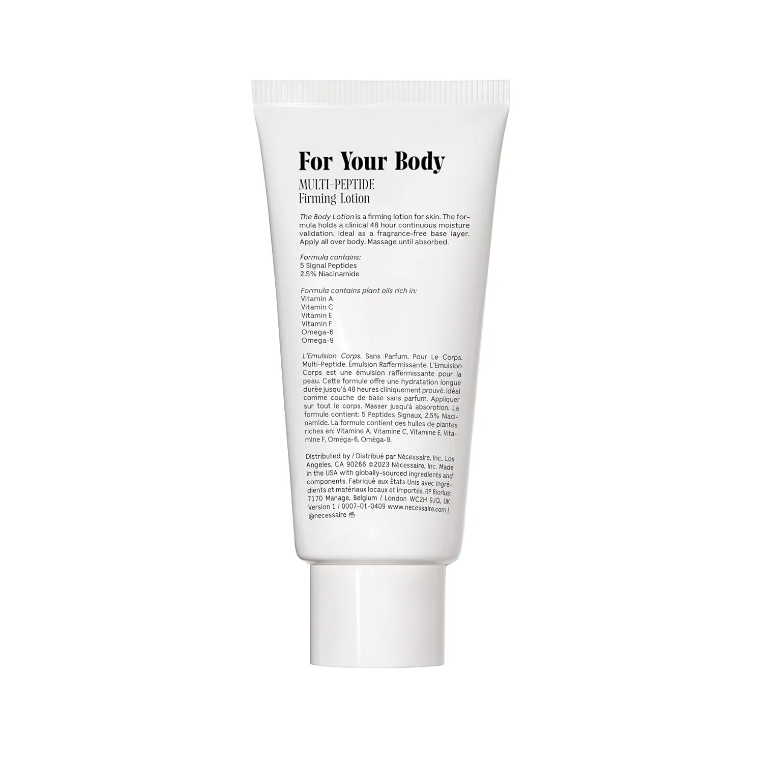 Nécessaire The Body Lotion Fragrance-Free. Firming Body Lotion for Women & Men. 48 Hour Moisture. 5 Peptides, 2.5% Niacinamide, Vitamin C/E   Omega 6/9. Non-Comedogenic. 6.8 fl oz.