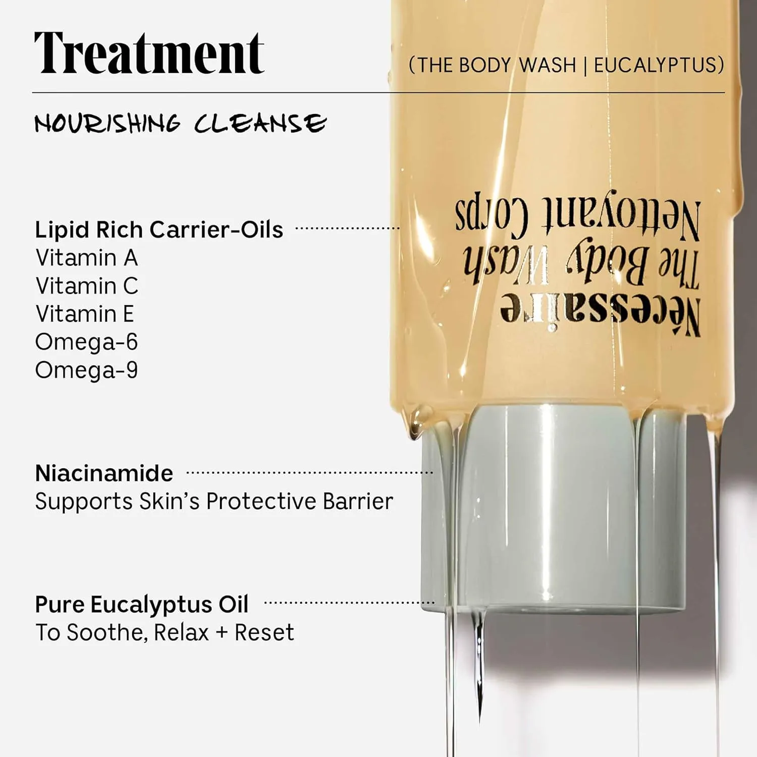 Nécessaire The Body Wash Eucalyptus - Natural Body Wash for Women & Men, Replenishing Shower Gel with Niacinamide, Vitamin C/E   Omega 6/9. Oil-In-Gel Cleanse, 8.4 fl oz.