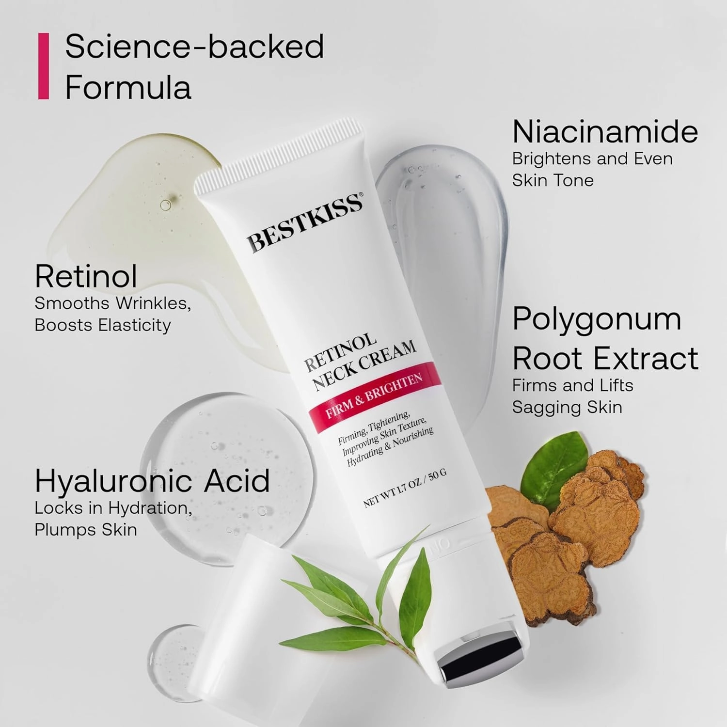 Neck Cream for Tightening and Firming: Anti Aging Anti Wrinkles Reduces Neck Lines Fine Lines with Roller Applicator - Retinol Niacinamide Hyaluronic Acid Cruelty Free Paraben Free 1.7 OZ/50g