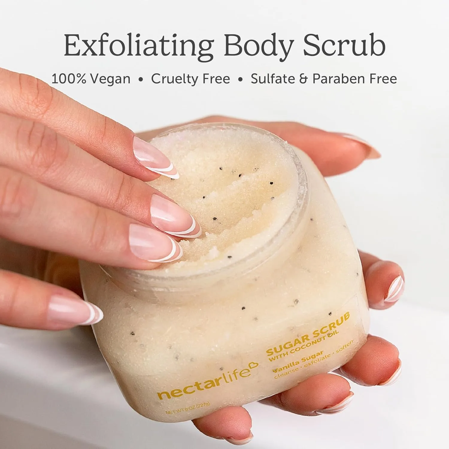 Nectar Life Exfoliating Sugar Scrub, Moisturizing Body Scrub with Coconut Oil & Shea Butter, Pre Shave Exfoliator (8 Ounce, Vanilla)