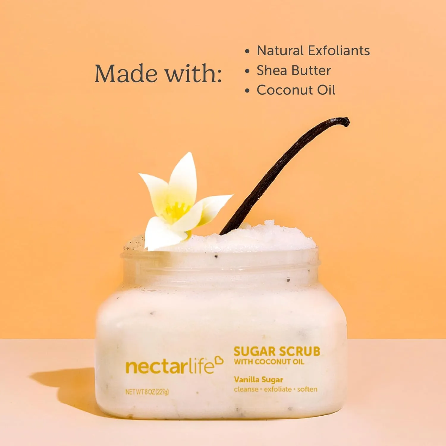 Nectar Life Exfoliating Sugar Scrub, Moisturizing Body Scrub with Coconut Oil & Shea Butter, Pre Shave Exfoliator (8 Ounce, Vanilla)