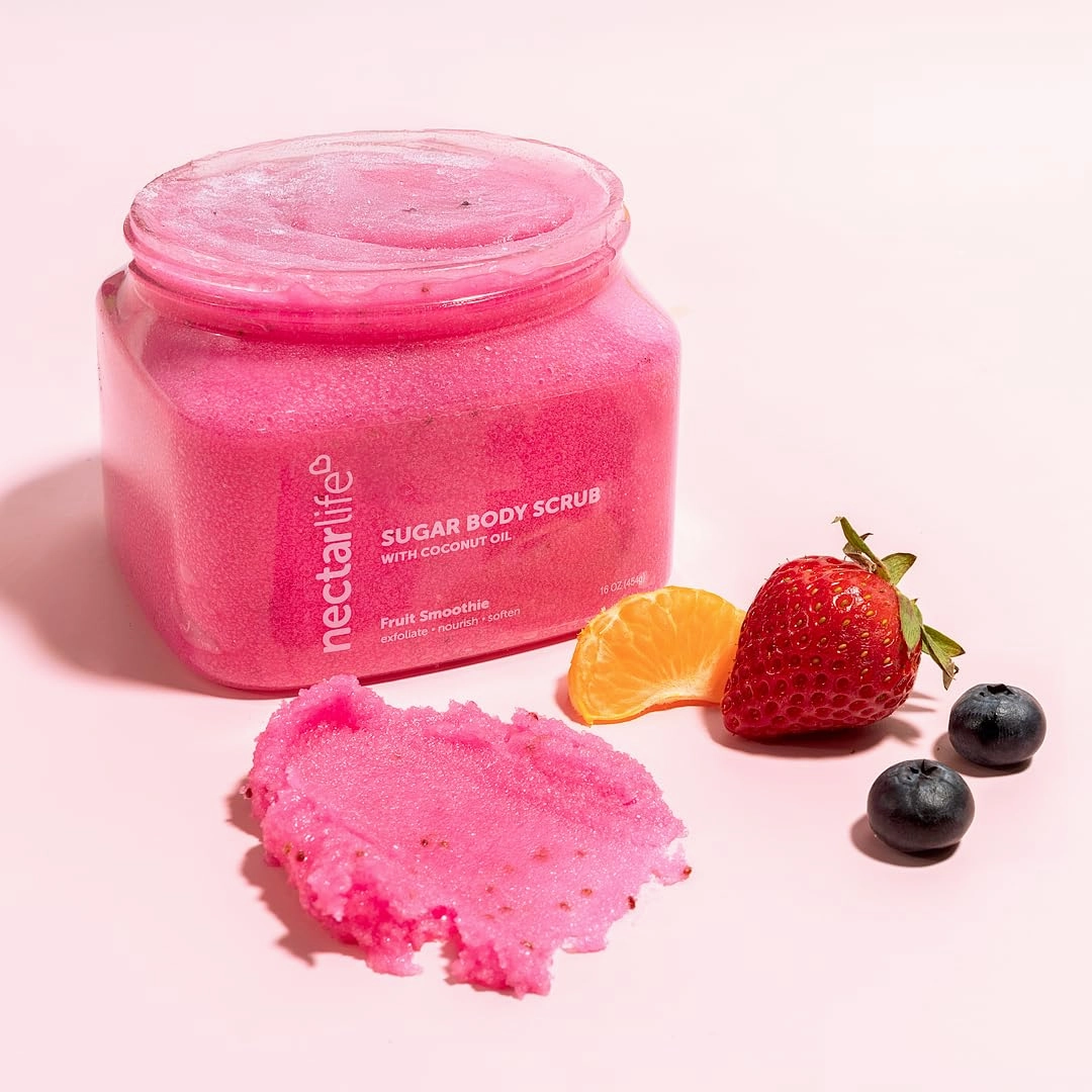 Nectar Life Exfoliating Sugar Scrub, Moisturizing Body Scrub with Coconut Oil & Shea Butter, Pre Shave Exfoliator (16 Ounce, Fruit Smoothie)