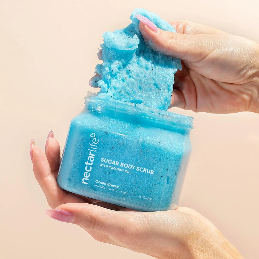 Nectar Life Exfoliating Sugar Scrub, Moisturizing Body Scrub with Coconut Oil & Shea Butter, Pre Shave Exfoliator (16 Ounce, Ocean Breeze)