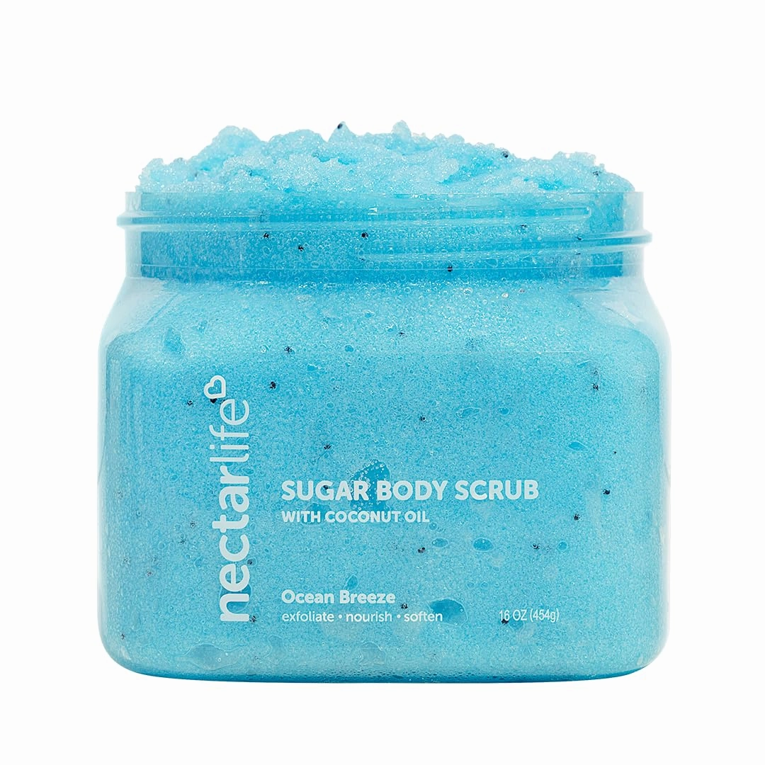 Nectar Life Exfoliating Sugar Scrub, Moisturizing Body Scrub with Coconut Oil & Shea Butter, Pre Shave Exfoliator (16 Ounce, Ocean Breeze)