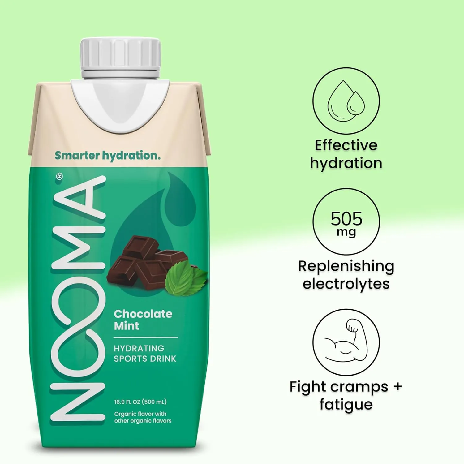 NOOMA - Hydrating Sports Drink - Electrolyte Drink with Organic Coconut Water - Organic & No Added Sugars - Rapid Hydration - 30 Calories & 505mg Electrolytes - Chocolate Mint - 12 Pack (16.9oz each)