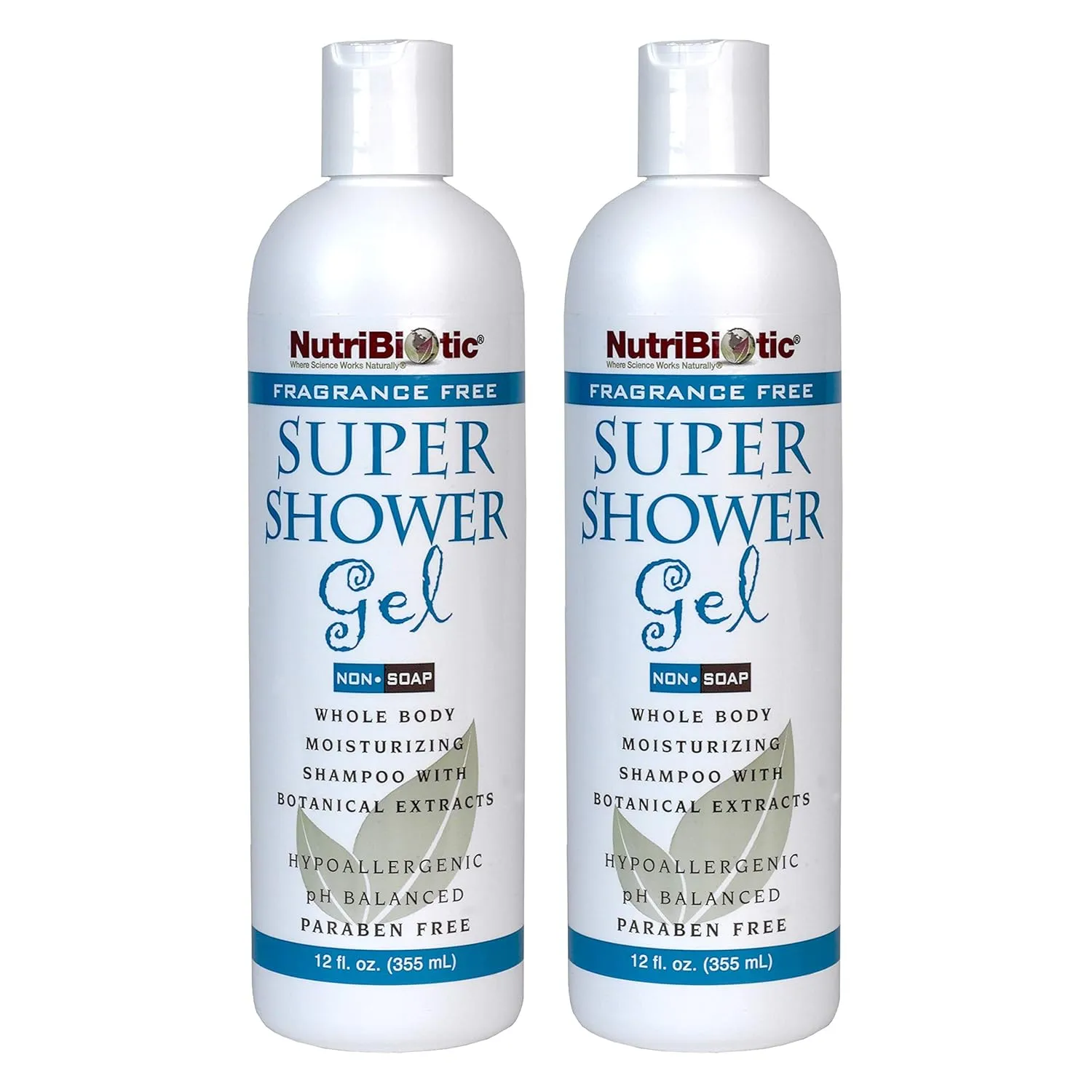 NutriBiotic – Fragrance-Free Super Shower Gel, 12 Oz Twin Pack | Whole-Body Moisturizing Shampoo with GSE & Botanical Extracts | pH Balanced & Free of Gluten, Parabens, Sulfates, Dyes & Colorings