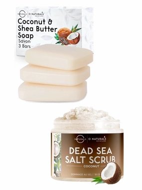 O Naturals 3-Pack Organic Coconut & Shea Butter Soap Bar & Coconut Oil Dead Sea Salt Scrub 18oz Bundle - 100% Vegan Bar Soap Handmade Soap, Exfoliationg Face and Body Scrub