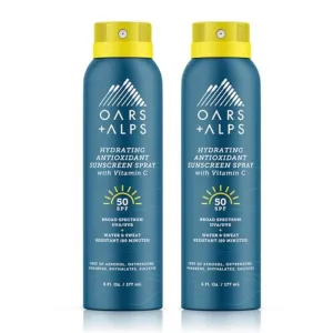 Oars   Alps Sunscreen Spray for Face & Body, SPF 50 Spray Sunscreen Infused with Vitamin C & Antioxidants, No White Residue, Water & Sweat Resistant, All Skin Types, Lightweight, Hydrating, 6oz, 2pk