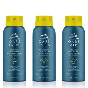 Oars   Alps Travel Sunscreen Spray for Face & Body, SPF 50 Spray Sunscreen Infused with Vitamin C & Antioxidants, No White Residue, Water & Sweat Resistant, Lightweight, Hydrating, 1.87oz, 3pk