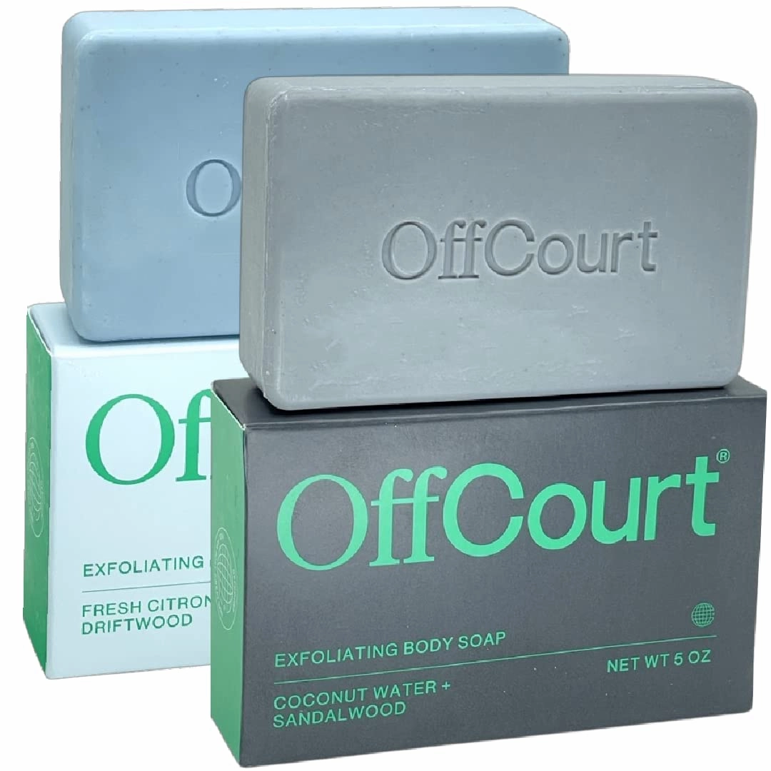 OffCourt Exfoliating Bar Soap – Whole Body, Deep Cleansing and Hydrating Soap for Men & Women - All Skin Types - Non-Drying Bar - Fresh Citron   Driftwood & Coconut Water   Sandalwood (5oz, 2 Pack)