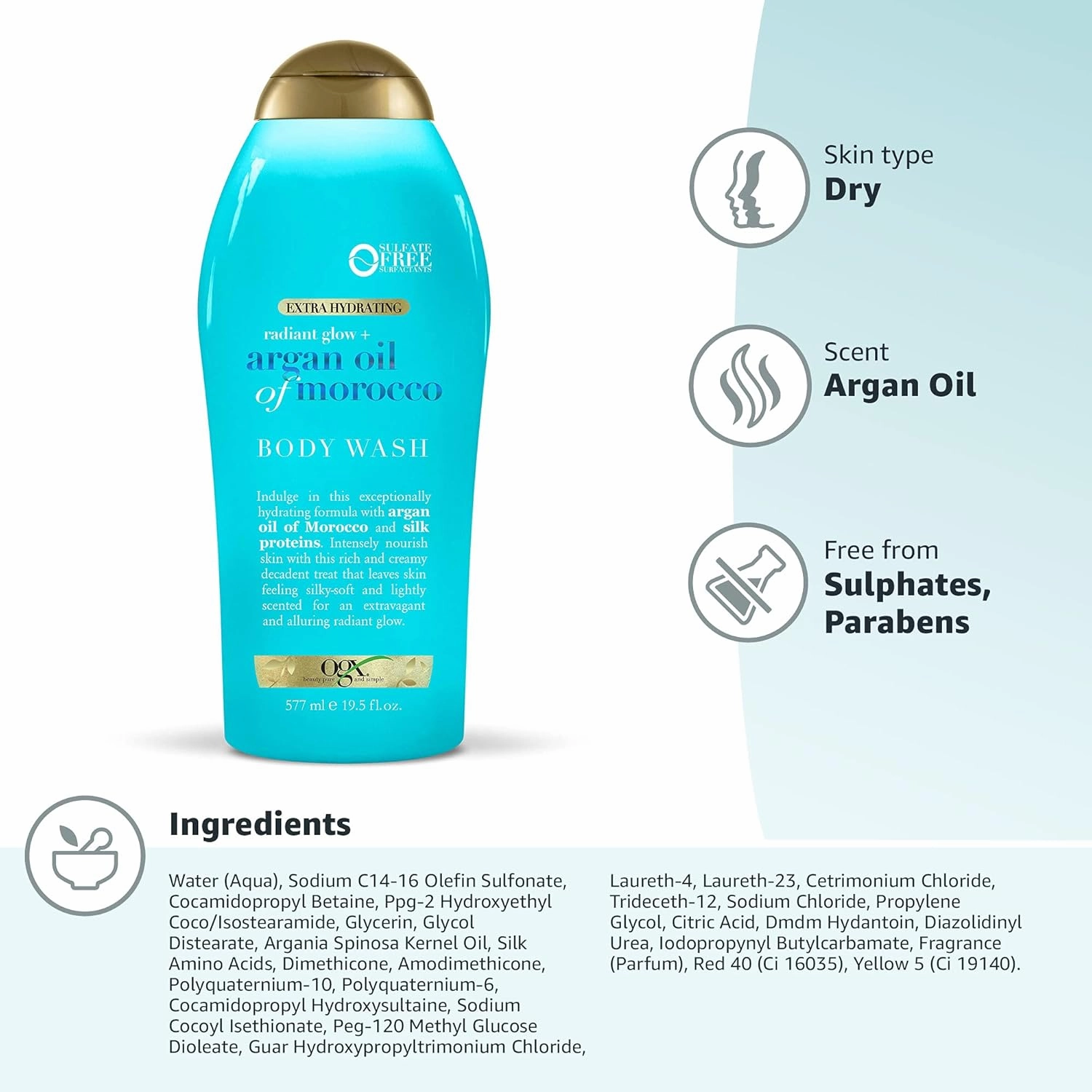 OGX Radiant Glow   Argan Oil of Morocco Extra Hydrating Body Wash for Dry Skin, Moisturizing Gel Body Cleanser for Silky Soft Skin, Paraben-Free, Sulfate-Free Surfactants, 19.5 fl oz (Pack of 2)