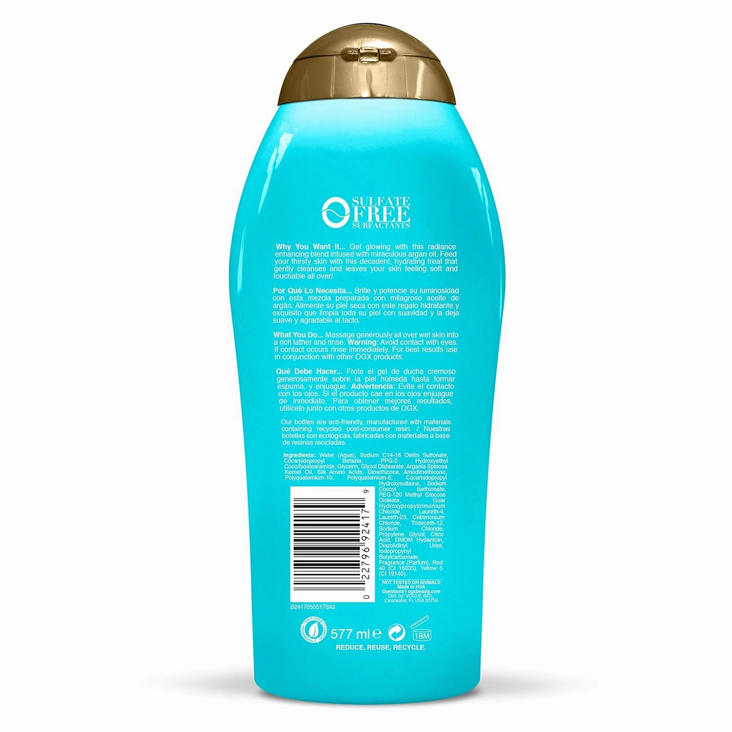 OGX Radiant Glow   Argan Oil of Morocco Extra Hydrating Body Wash for Dry Skin, Moisturizing Gel Body Cleanser for Silky Soft Skin, Paraben-Free, Sulfate-Free Surfactants, 19.5 fl oz (Pack of 2)