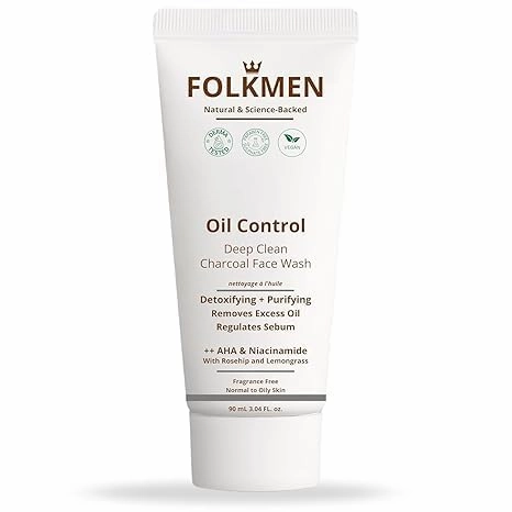 Oil Control Deep Clean Charcoal Face Wash for Men | Improves skin tone & Detoxify | Niacinamide & Glycolic Acid|Oily & Acne-prone Skin|100% Vegan|90 ml