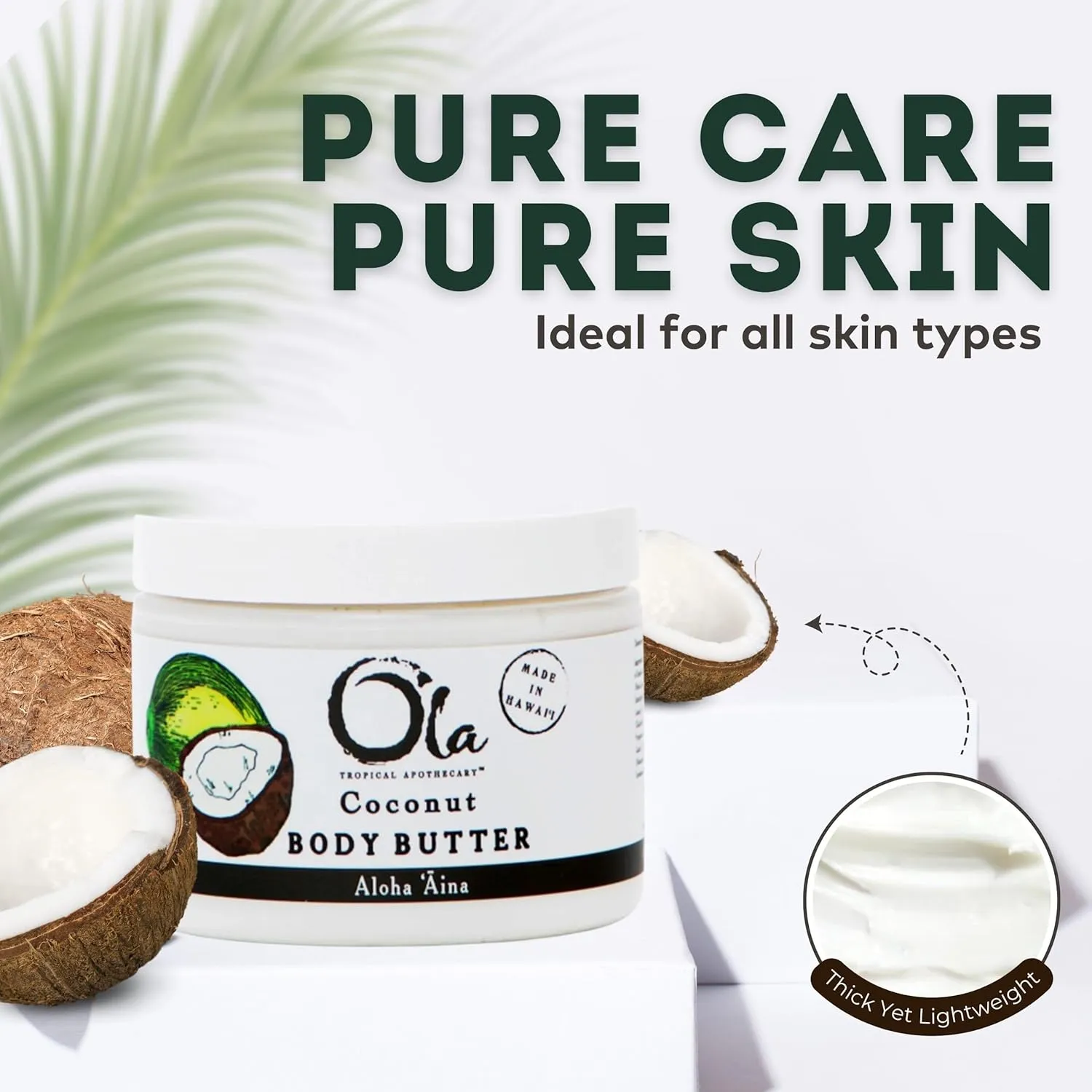 OLA Coconut Body Butter – Moisturizing with Pure Coconut Oil and Hawaiian Plant Extracts - Ideal for Dry Skin - 2.1oz