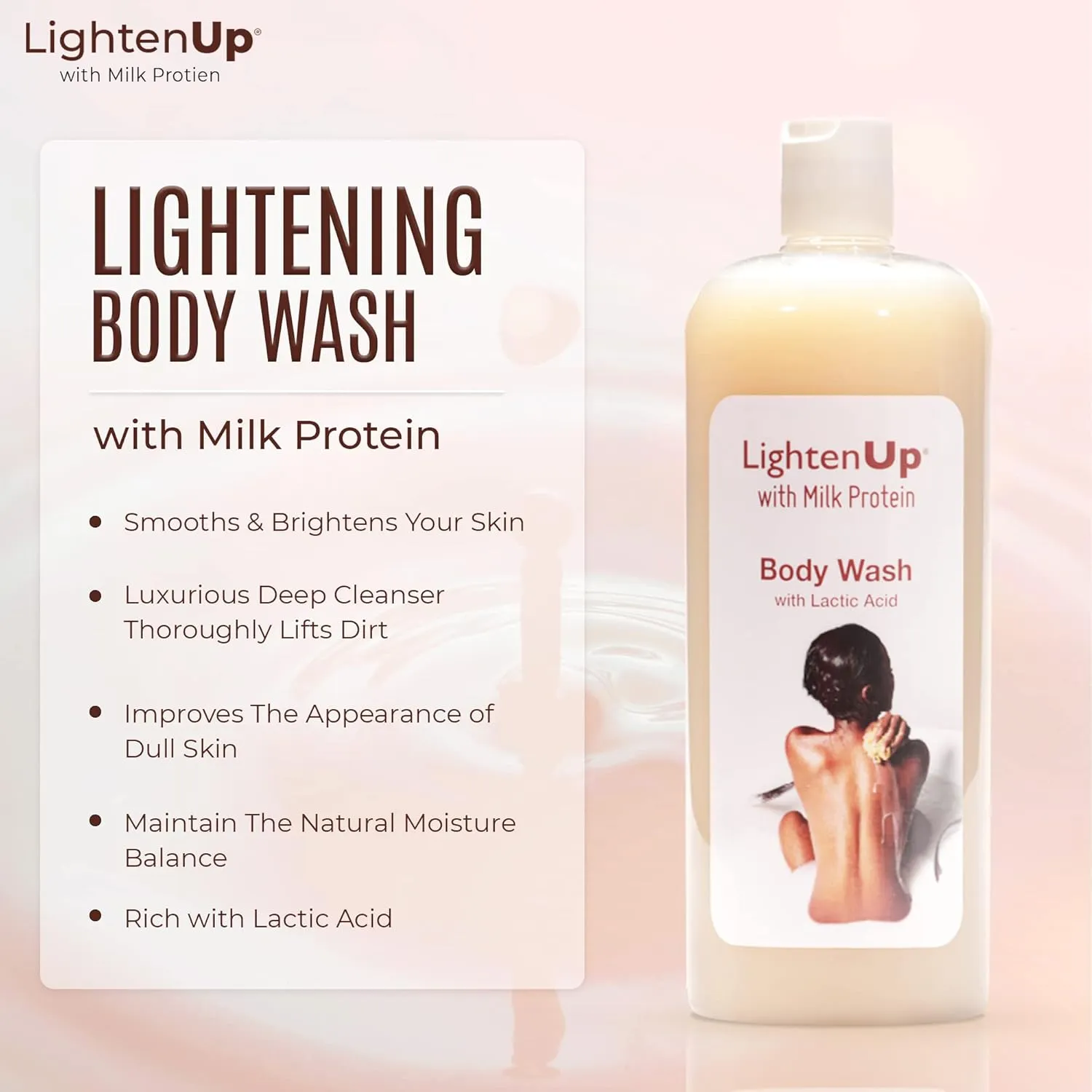 OMIC Lighten-Up LightenUp Lactic Acid Body Wash - 33.8 Fl oz / 1000 ml - Exfoliating Shower Gel, with Shea Butter and Coconut Oil, For All Skin Types