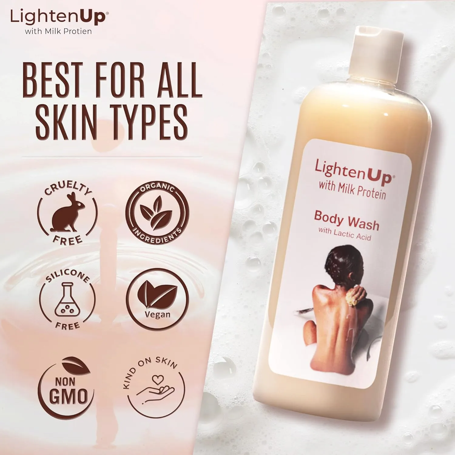 OMIC Lighten-Up LightenUp Lactic Acid Body Wash - 33.8 Fl oz / 1000 ml - Exfoliating Shower Gel, with Shea Butter and Coconut Oil, For All Skin Types