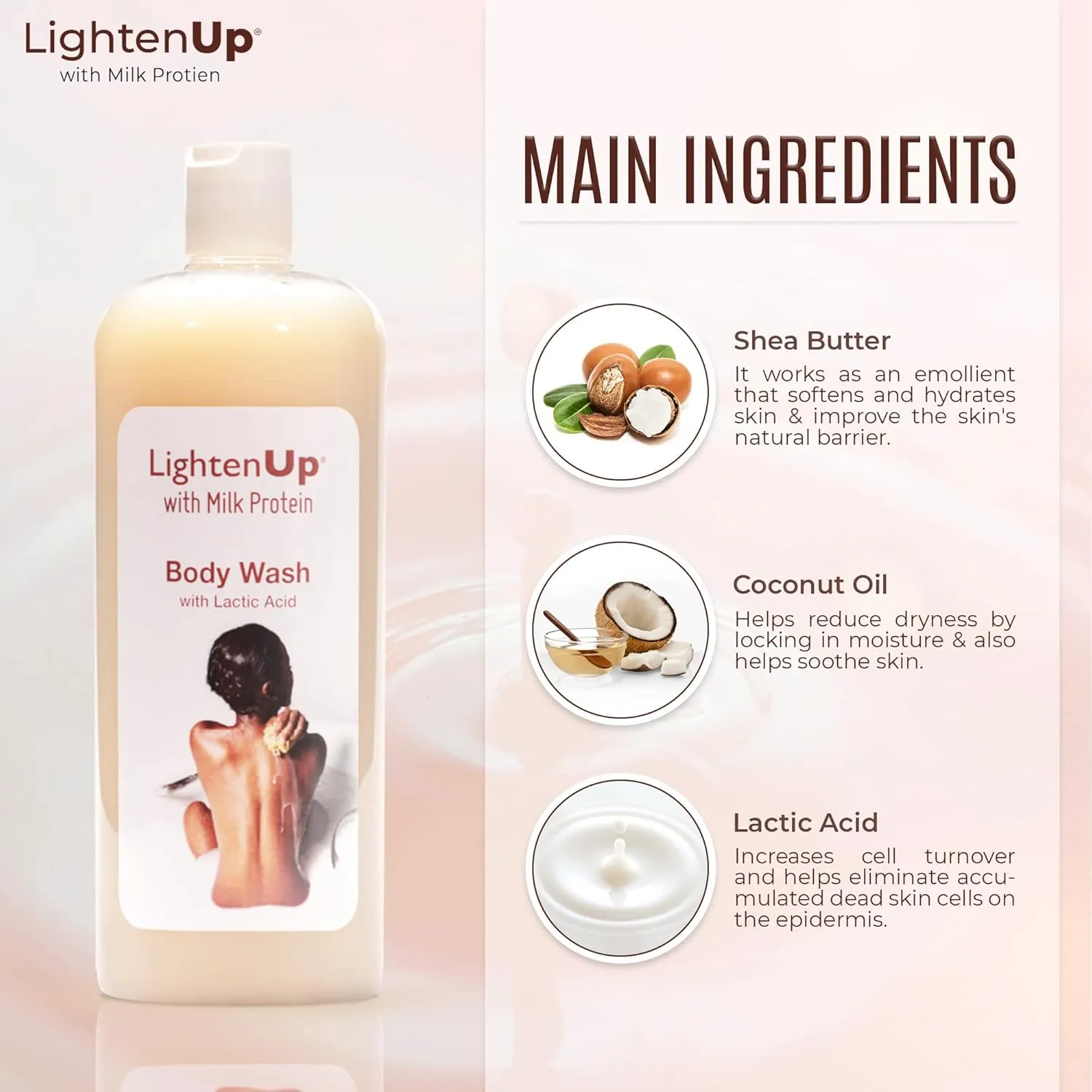 OMIC Lighten-Up LightenUp Lactic Acid Body Wash - 33.8 Fl oz / 1000 ml - Exfoliating Shower Gel, with Shea Butter and Coconut Oil, For All Skin Types