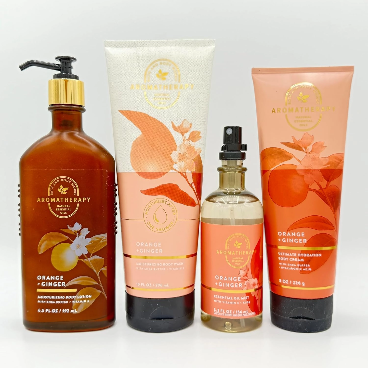 Orange & Ginger Aroma 4-Piece Bath Set, Body Moisturizing Works | Moisturizing Body Lotion, Moisturizing Body Wash, Essential Oil Mist and Ultimate Hydration Body Cream
