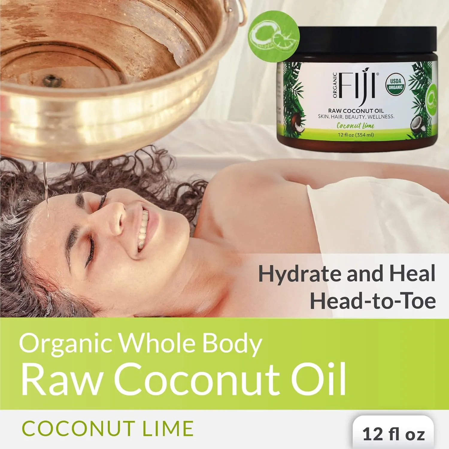 Organic Fiji Raw Cold Pressed Coconut Oil for Hair, Skin, Face & Body | Relaxing Massage Oil | Coconut Lime,12 oz for Women Men & Baby
